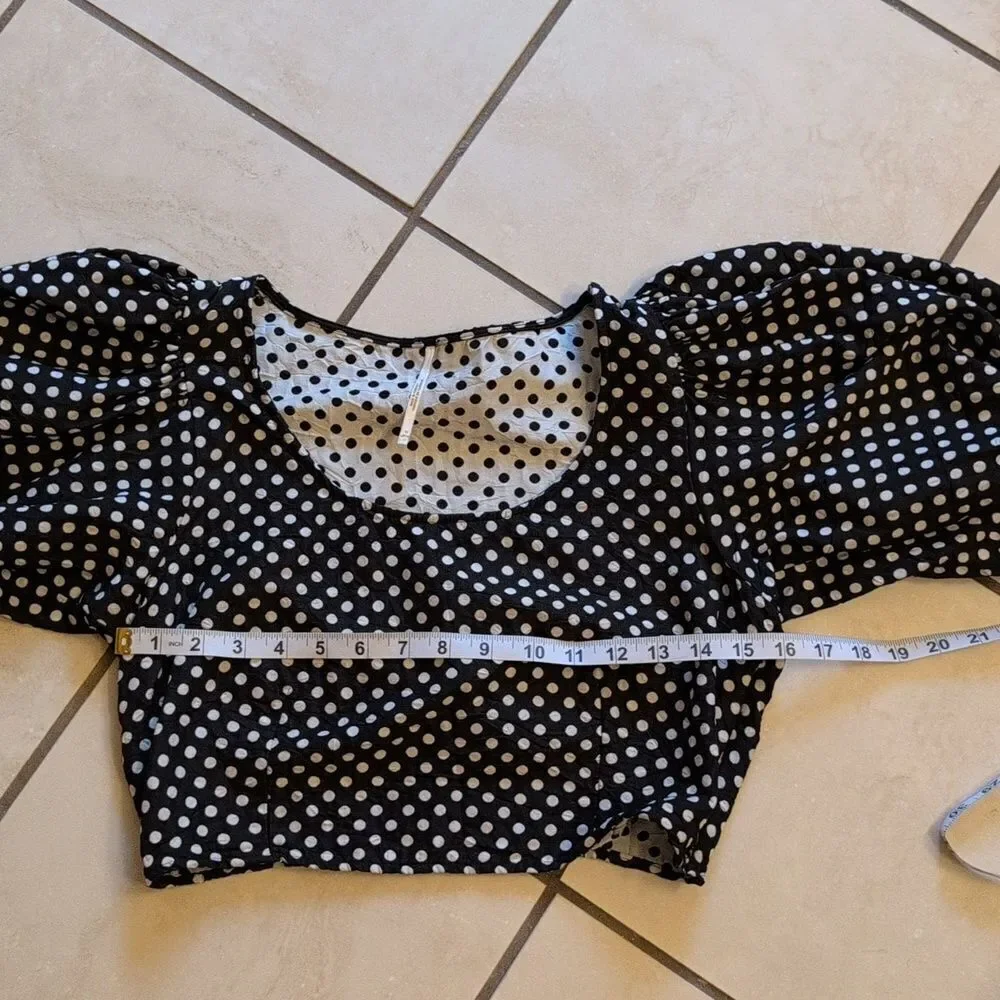 Free People Polka Puff Sleeve Crop Top Black White Size 10 - Picture 9 of 12